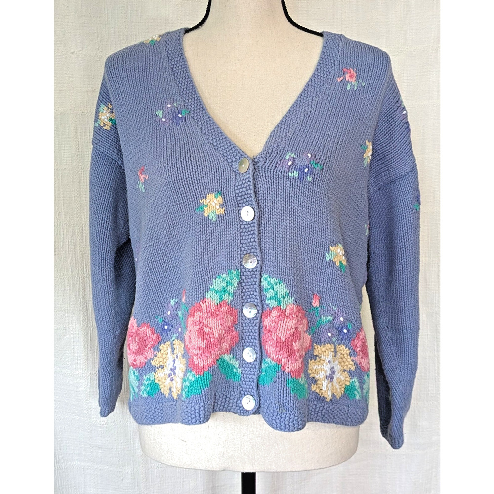 VTG Talbots Cardigan Sweater Floral Cotton Knit Grandma GC, Softcore, S